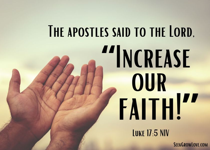 Image of hands raised towards the sky with a quote from Luke 17:5 NIV that says, 'Increase our faith!'