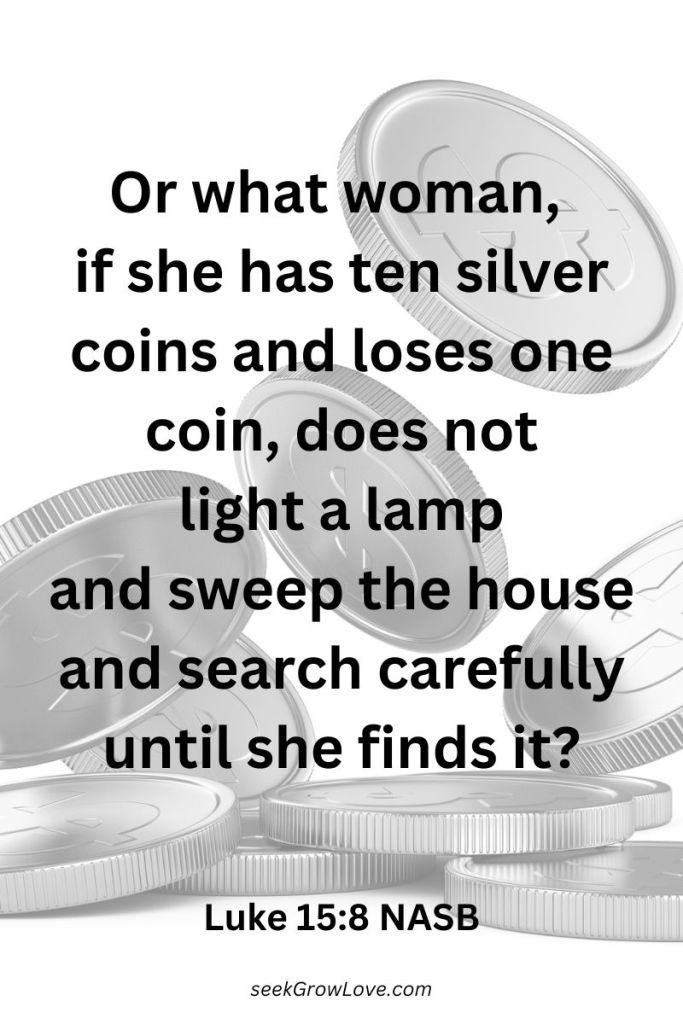 An arrangement of silver coins with the text from Luke 15:8 NASB overlaying the image.