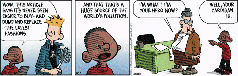 A comic strip featuring two characters discussing environmental issues related to fashion, with one character expressing frustration about pollution and the other humorously asking about their role as a hero.